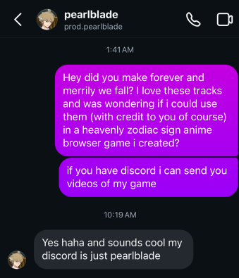 Screenshot showing pearlblade granting permission to use forever and Merrily We Fall